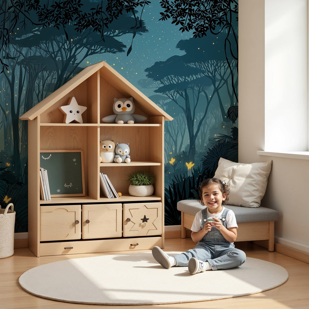 Magical elephant mural wallpaper creating enchanting tropical forest atmosphere in modern nursery by Kids-Mundo