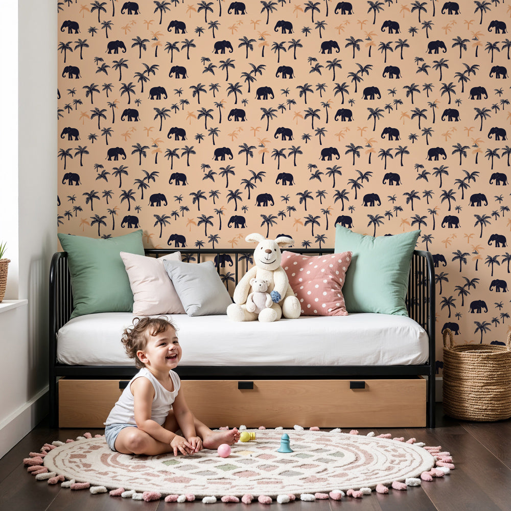 Elephant palm tree mural wallpaper creating tropical safari nursery decor by Kids-Mundo