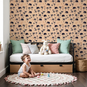 Elephant palm tree mural wallpaper creating tropical safari nursery decor by Kids-Mundo