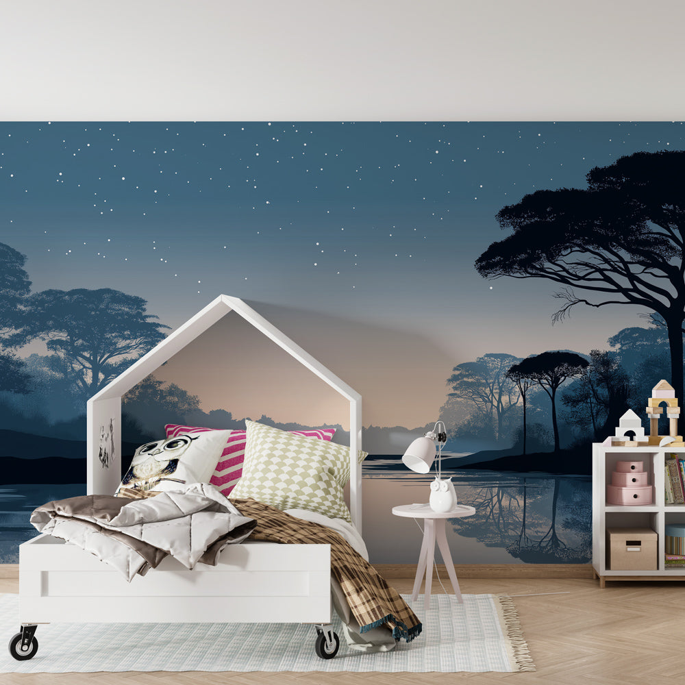 Blue elephant night scene mural wallpaper in cozy kids reading corner by Kids-Mundo