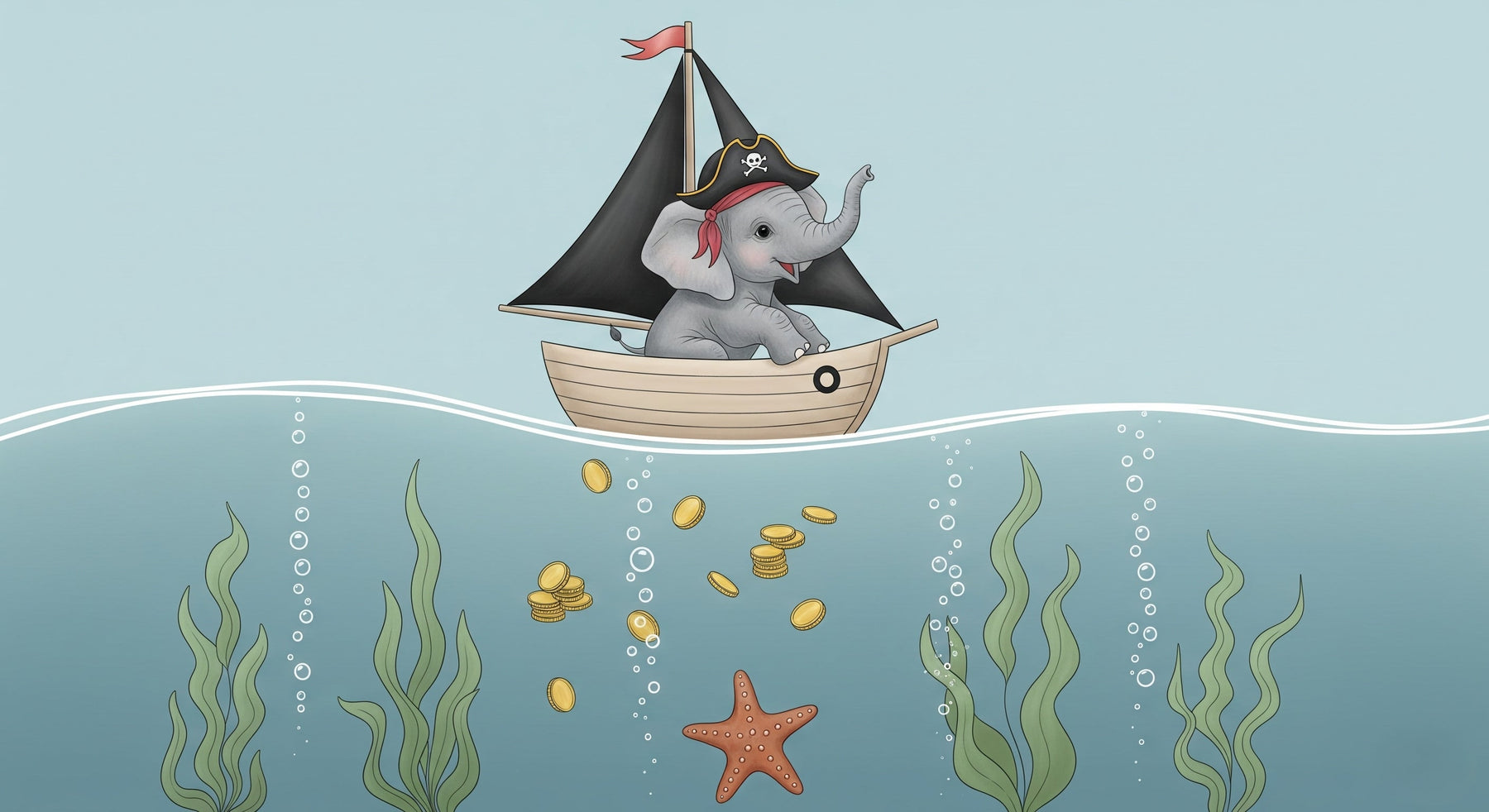 Detailed elephant pirate ocean adventure mural wallpaper design pattern by Kids-Mundo