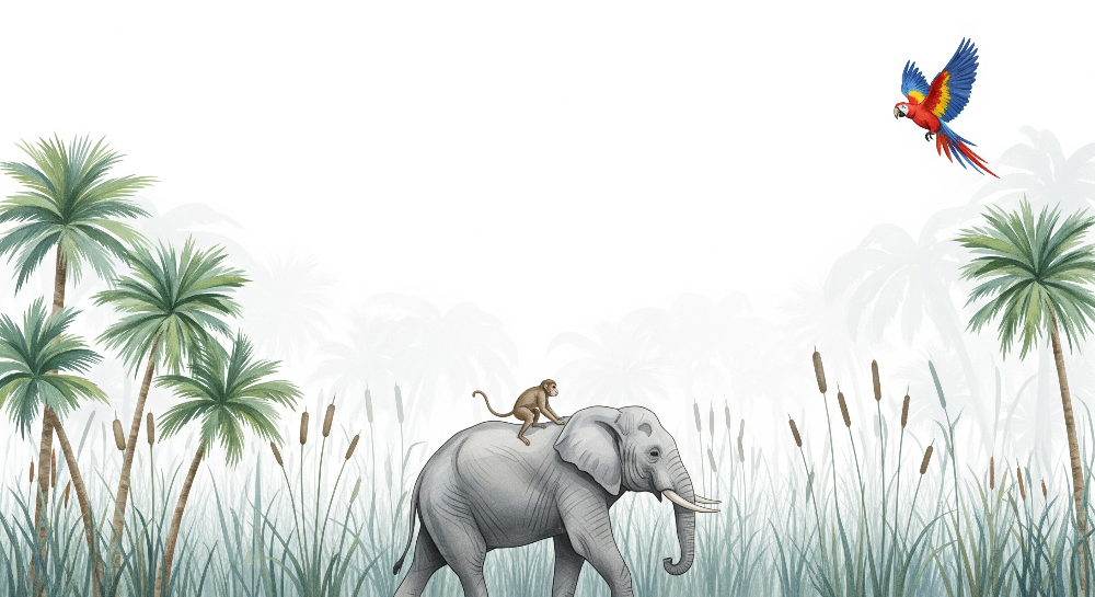 Elephant with Riding Monkey and Macaw Wall Mural