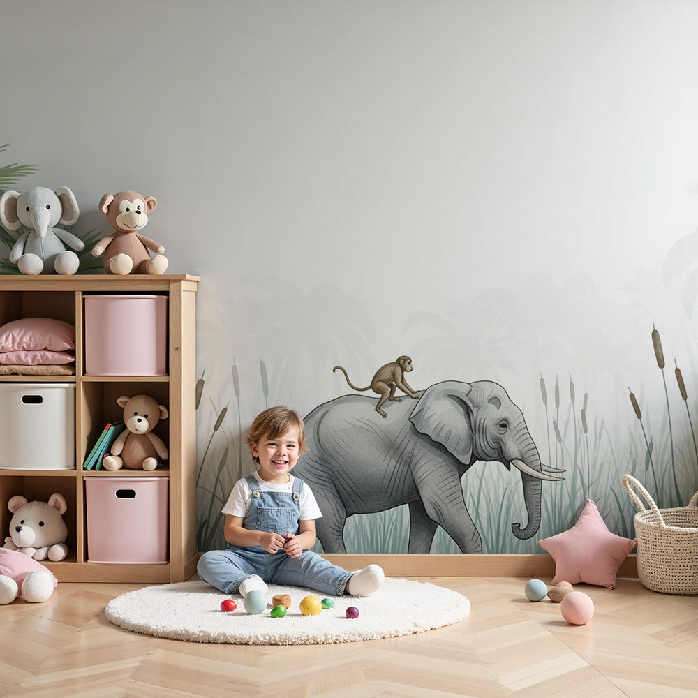 Kids-Mundo elephant with riding monkey and macaw wall mural on a nursery wall behind a cot