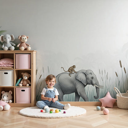 Kids-Mundo elephant with riding monkey and macaw wall mural on a nursery wall behind a cot