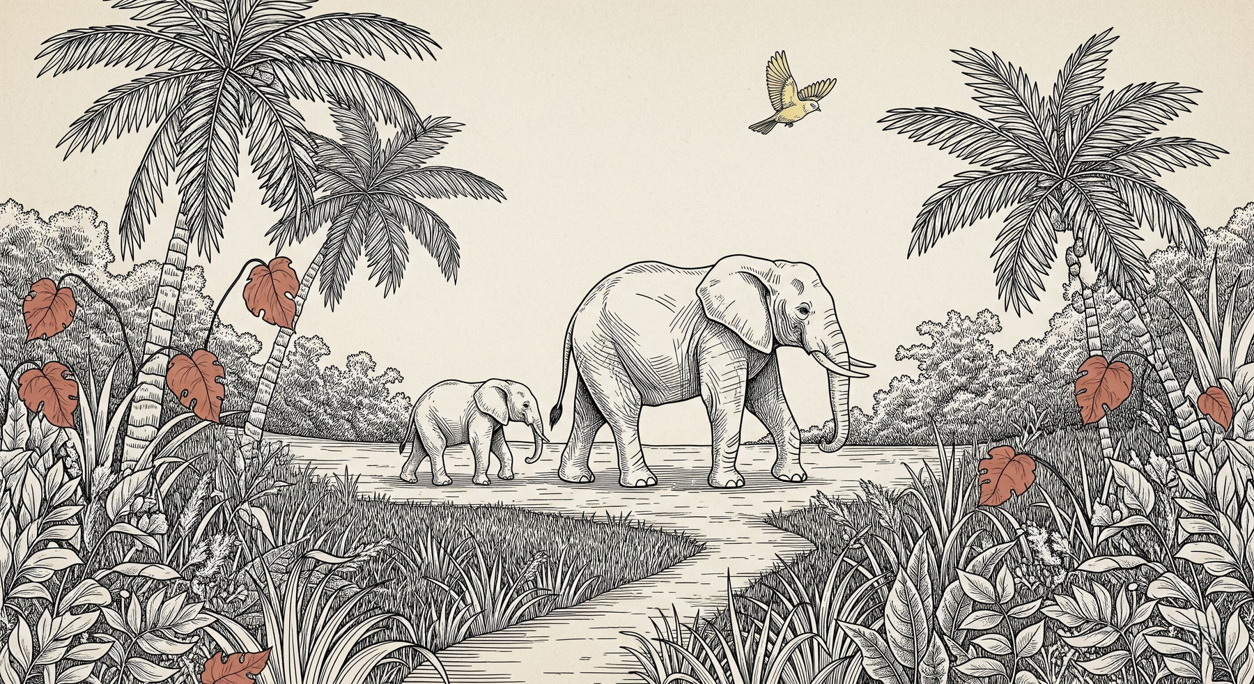 Detailed elephant safari mural wallpaper design pattern showing palm trees and nature scene by Kids-Mundo