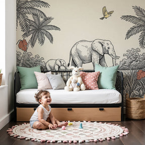 Elephant safari mural wallpaper creating peaceful nursery atmosphere with natural wood furniture by Kids-Mundo