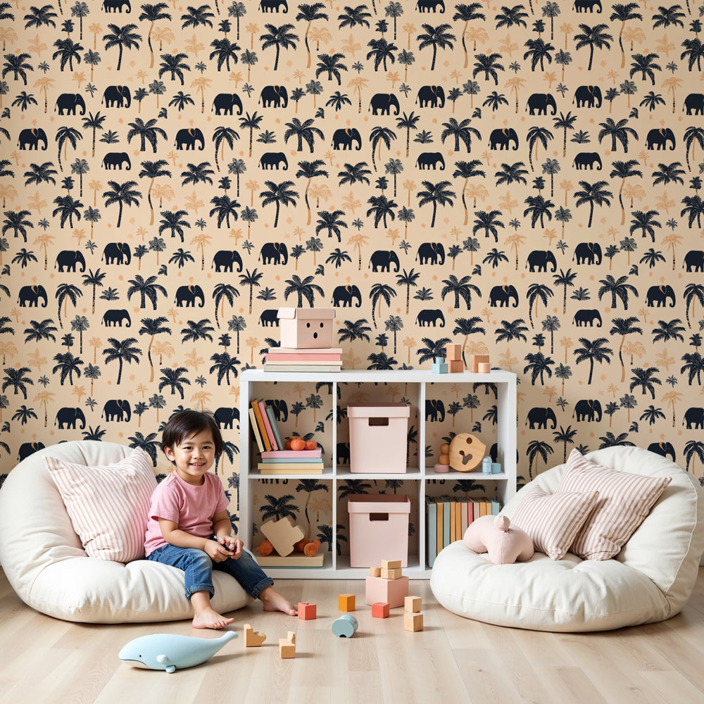 Elephant safari mural wallpaper in modern nursery with natural wood crib by Kids-Mundo