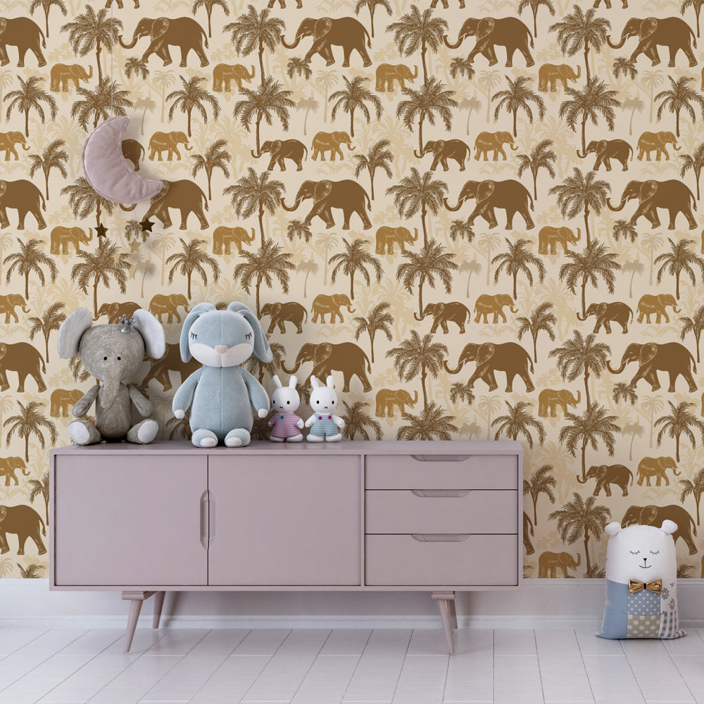 Safari themed mural wallpaper with elephants and palms in children's playroom setting