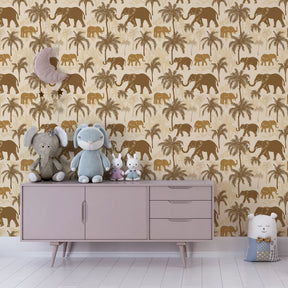 Safari themed mural wallpaper with elephants and palms in children's playroom setting