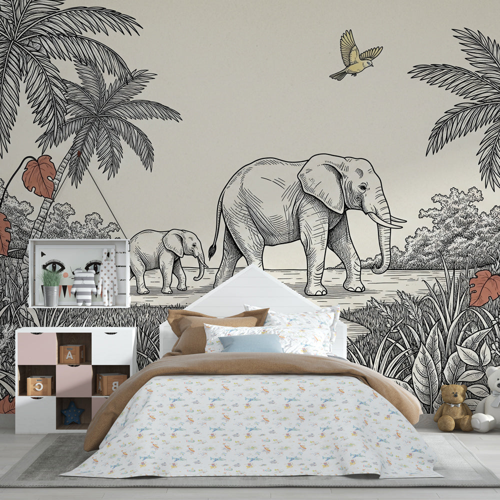 Nature-themed elephant mural wallpaper transforming kids playroom with adventure safari scene by Kids-Mundo