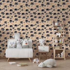 Safari themed mural wallpaper with elephants and palms in children's playroom setting