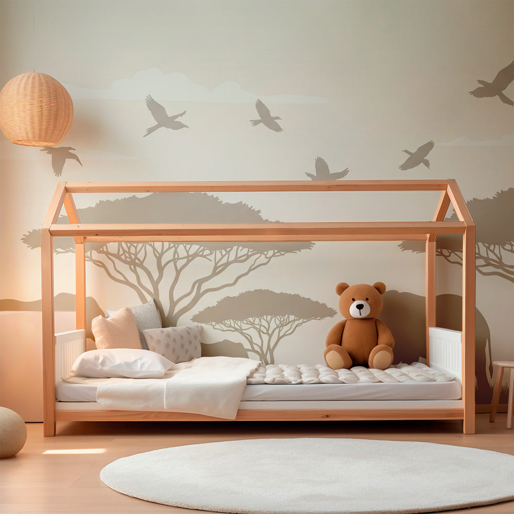 Kids-Mundo elephant family silhouette wall mural covering a feature wall in a child's bedroom.