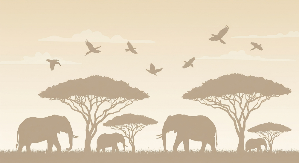 Kids-Mundo flat artwork of an elephant family and acacia trees in warm sepia safari silhouette.