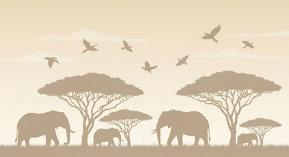 Kids-Mundo flat artwork of an elephant family and acacia trees in warm sepia safari silhouette.