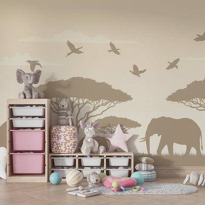Kids-Mundo safari elephant wall mural installed as a sepia-toned feature wall in a playroom.