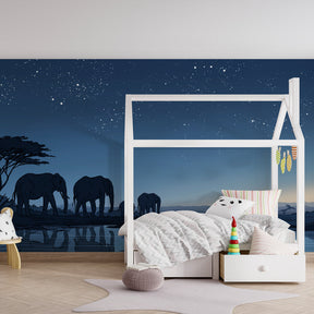 Starry night elephant wallpaper transforming kids bedroom into peaceful African savanna by Kids-Mundo