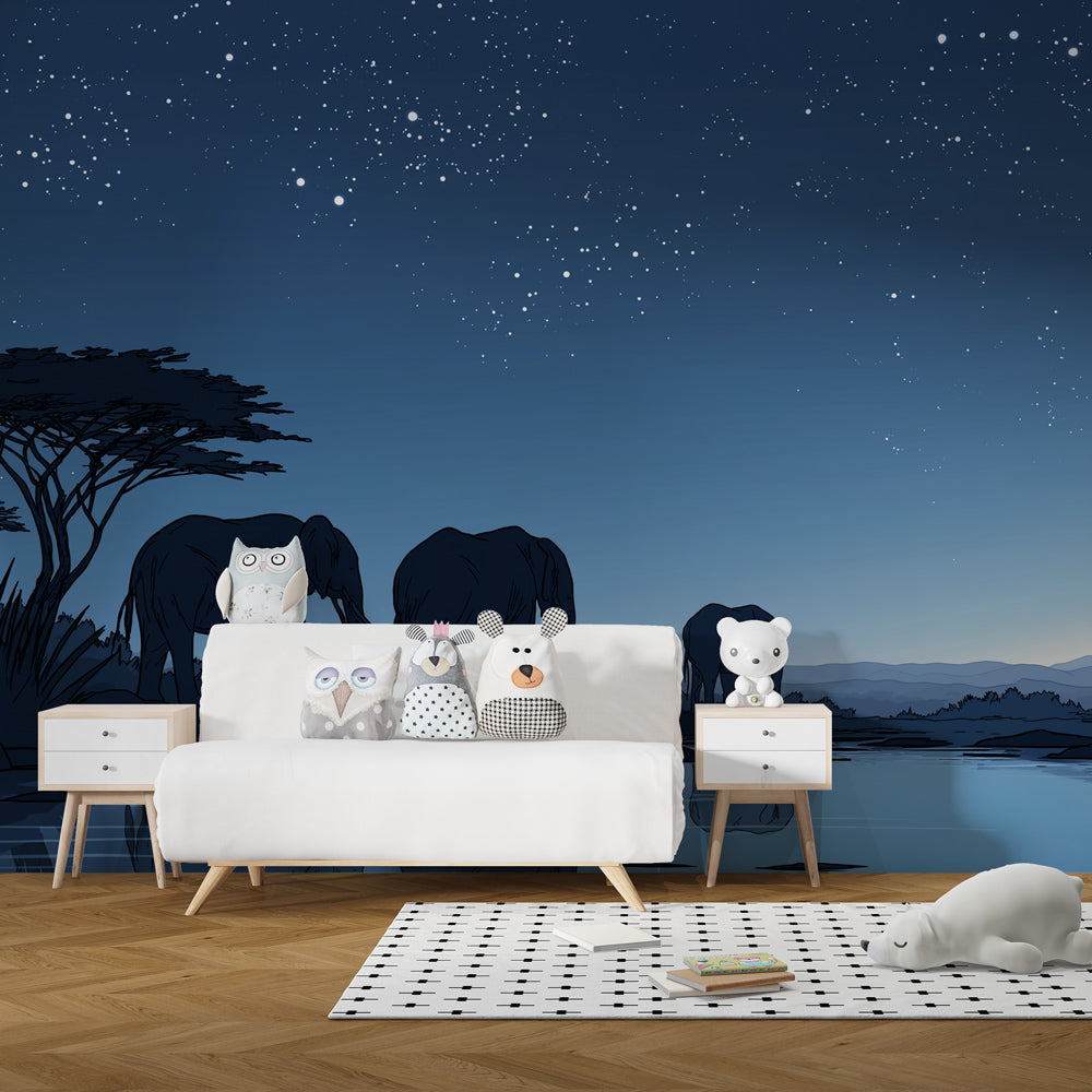Safari elephant mural wallpaper featuring twilight scene in modern children's playroom by Kids-Mundo