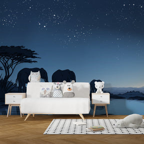 Safari elephant mural wallpaper featuring twilight scene in modern children's playroom by Kids-Mundo