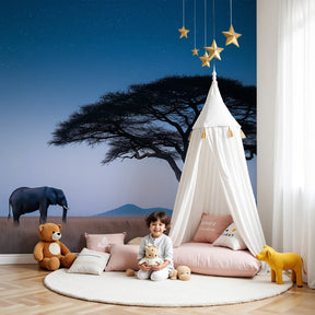 Elephant stars mural wallpaper in serene nursery setting with natural wood crib by Kids-Mundo