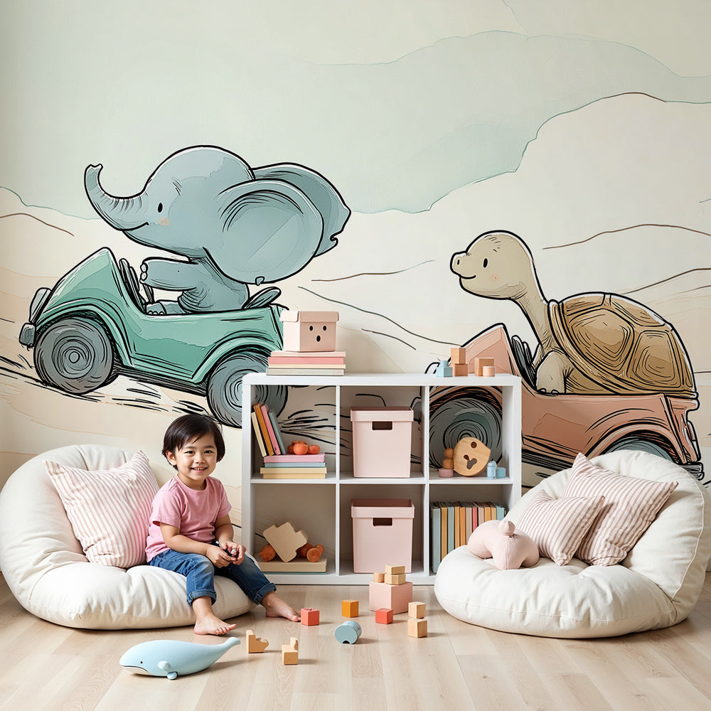 Kids-Mundo elephant and tortoise car race wall mural shown as wallpaper in a bright nursery.