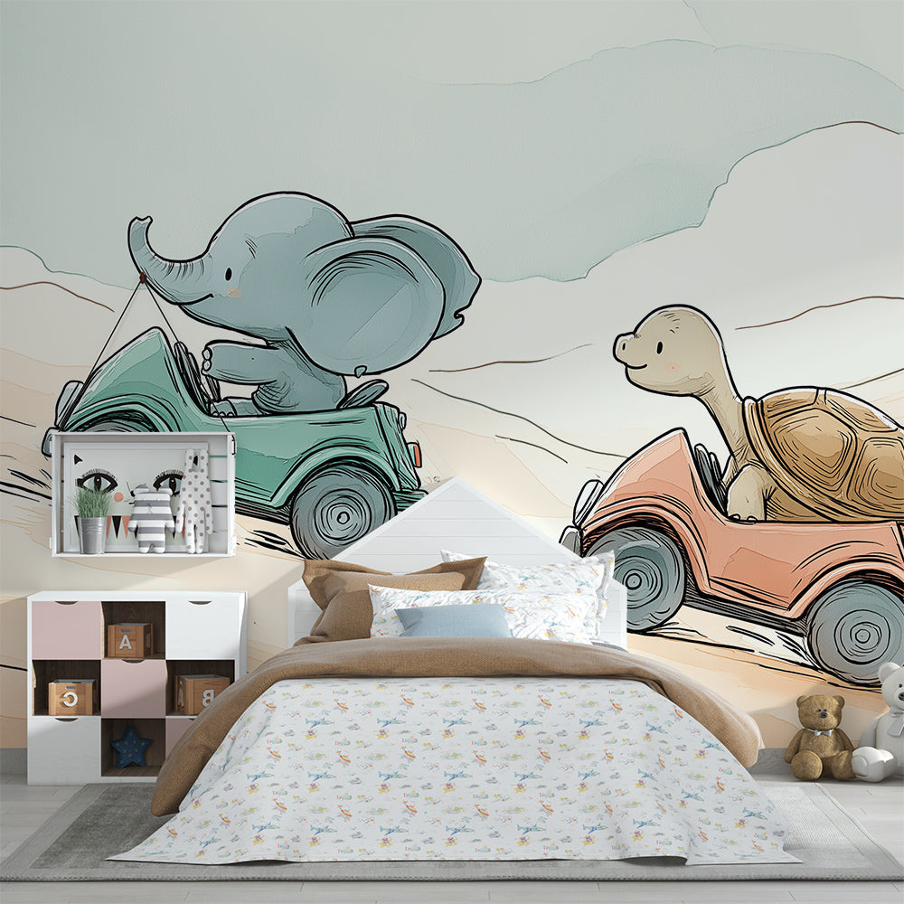 Kids-Mundo elephant and tortoise car race wall mural installed as a feature wall in a playroom.