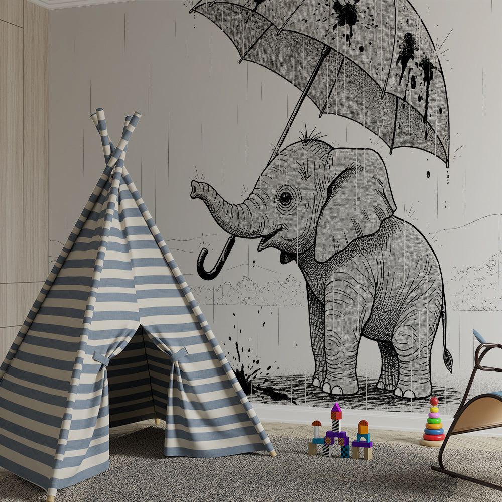 Kids-Mundo rainy-day elephant wall mural above a bed in a bright kids bedroom