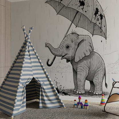 Kids-Mundo rainy-day elephant wall mural above a bed in a bright kids bedroom