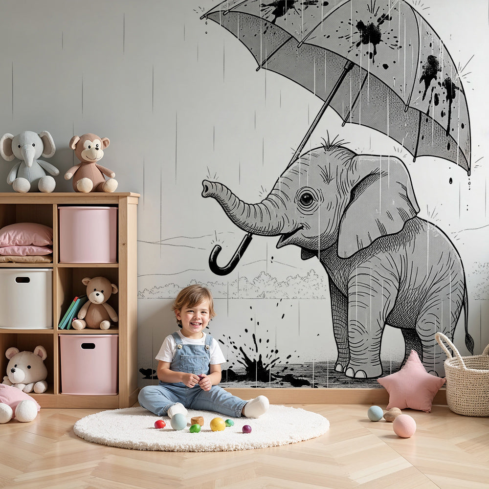 Kids-Mundo baby elephant umbrella wall mural in a soft grey nursery beside a cot and rocking chair
