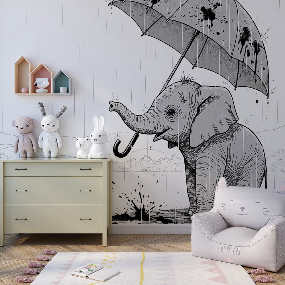 Kids-Mundo elephant with umbrella wall mural covering a wall in a children's playroom