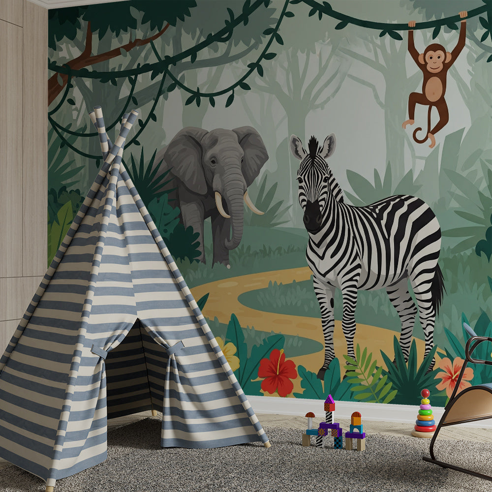 Kids-Mundo jungle wall mural with elephant, zebra and monkey behind a bed in a child's bedroom