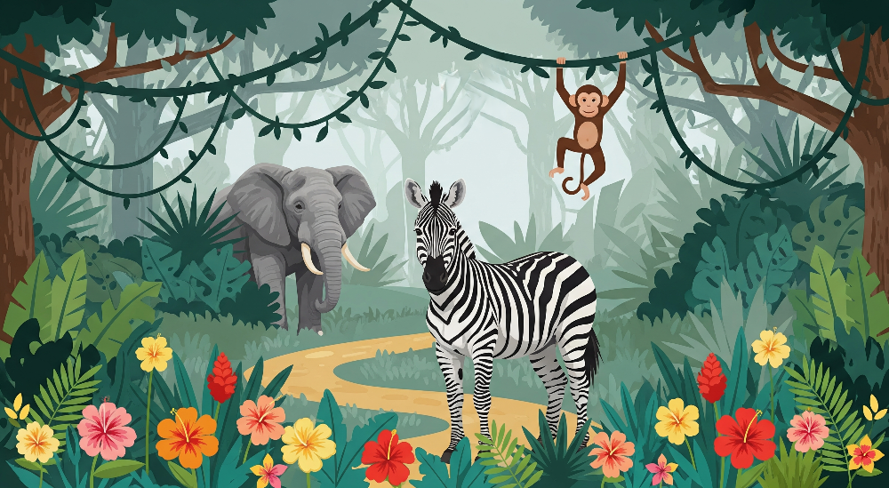 Flat artwork of the Kids-Mundo elephant, zebra and monkey jungle wall mural with tropical flowers