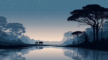 Kids-Mundo flat artwork of silhouetted elephants walking beside water at dusk under stars