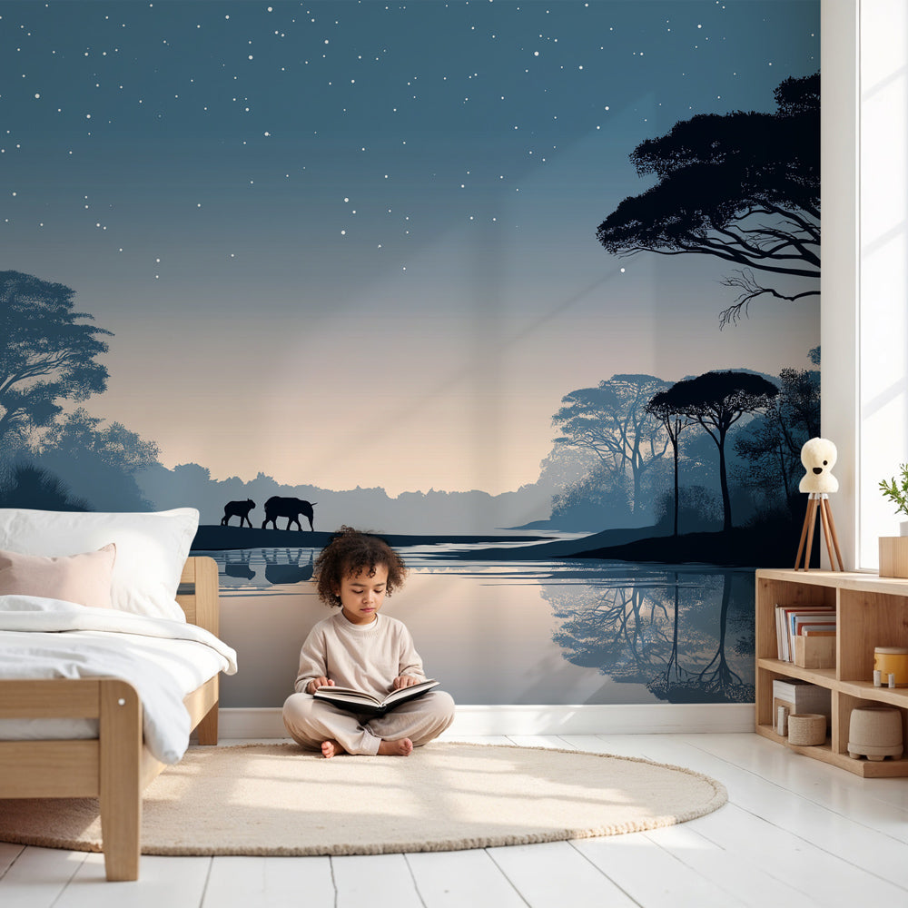 Kids-Mundo savanna elephant wall mural in a calm blue kids bedroom at dusk