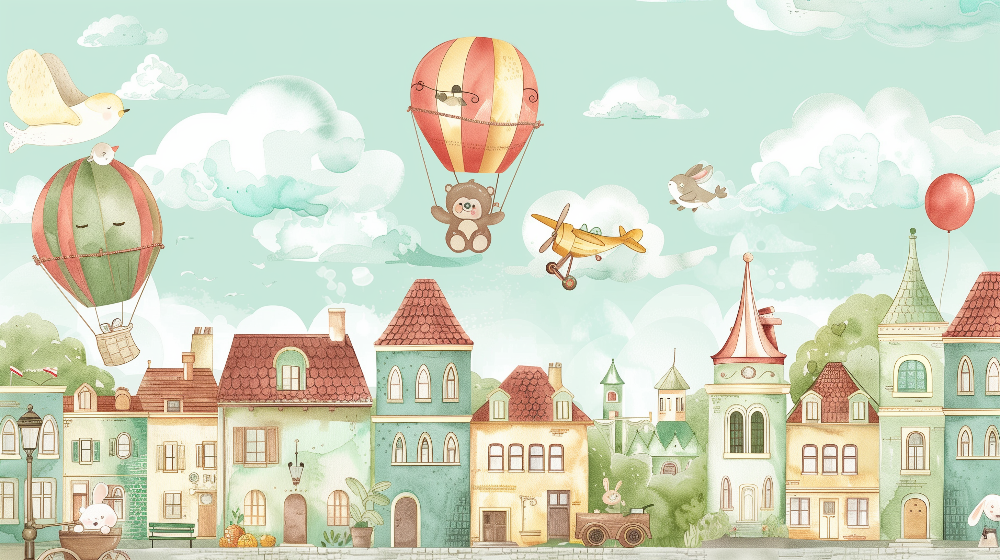 Enchanted Village with Hot Air Balloons Wall Mural