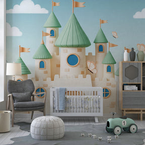 Castle fairy tale mural wallpaper transforming children's bedroom into magical kingdom