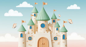 Detailed enchanted castle mural wallpaper design pattern with butterflies by Kids-Mundo