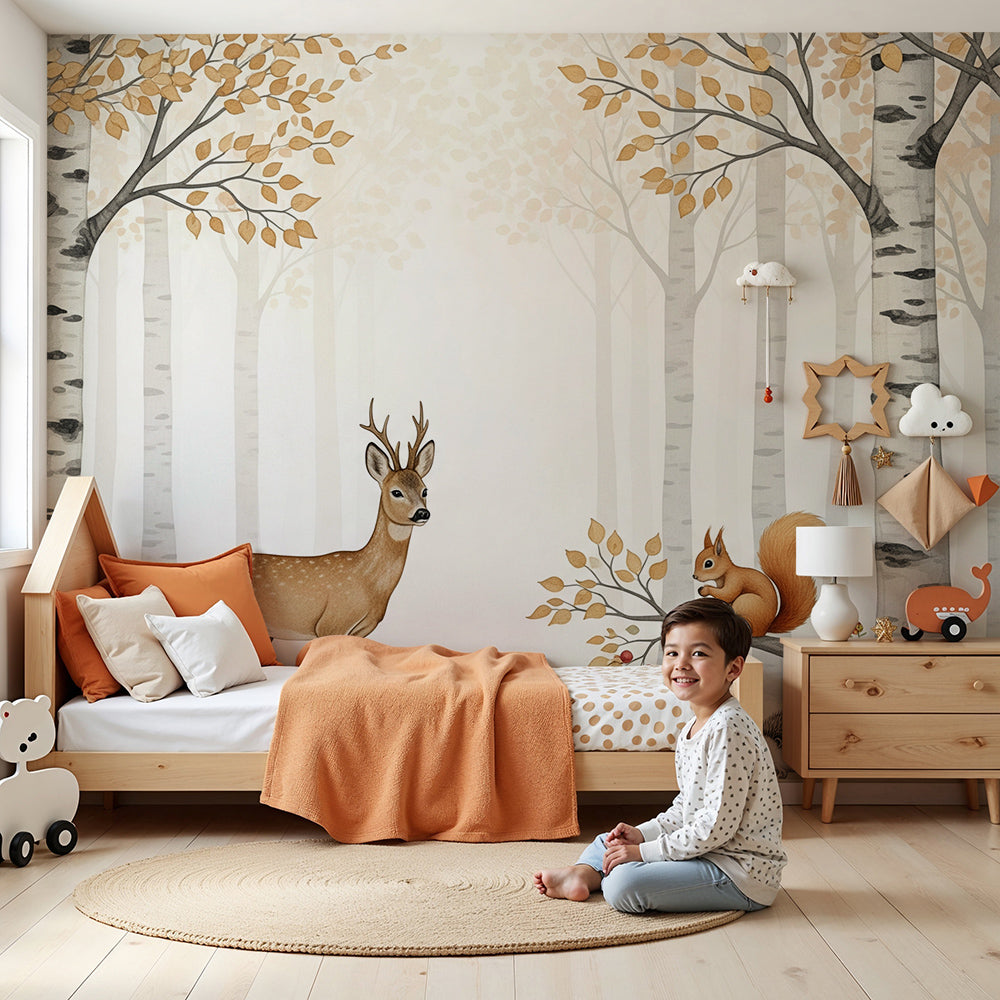 Kids-Mundo enchanted forest animals wall mural styled on a feature wall in a calm nursery.