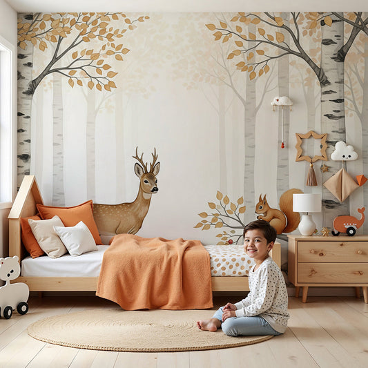 Kids-Mundo enchanted forest animals wall mural styled on a feature wall in a calm nursery.
