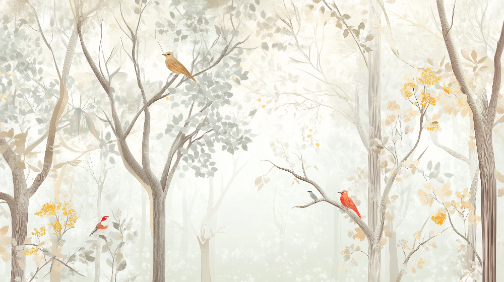 Kids-Mundo enchanted forest artwork showing pale trees, golden leaves and perched birds