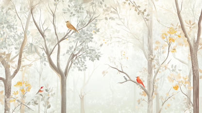 Kids-Mundo enchanted forest artwork showing pale trees, golden leaves and perched birds