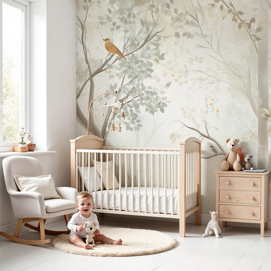 Kids-Mundo enchanted forest wall mural with pastel birds and trees styled in a calm baby nursery