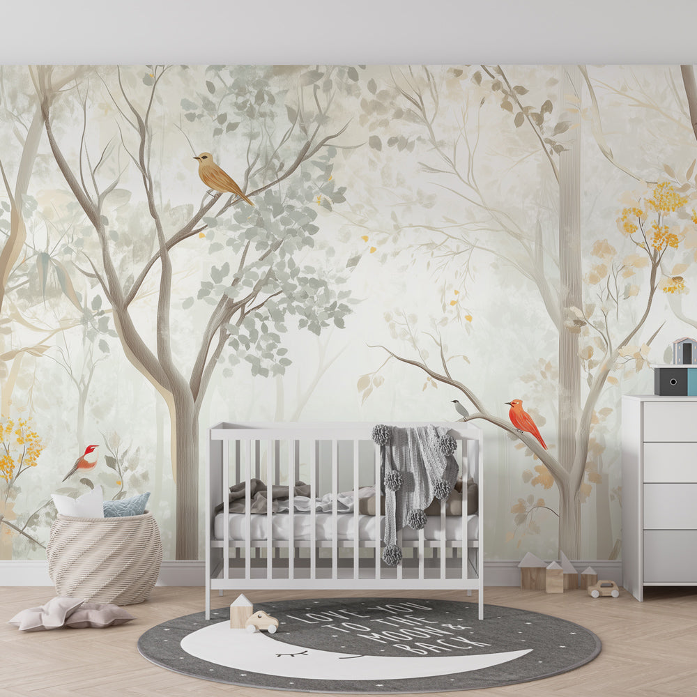 Kids-Mundo forest wall mural with red and yellow birds displayed in a bright kids' playroom
