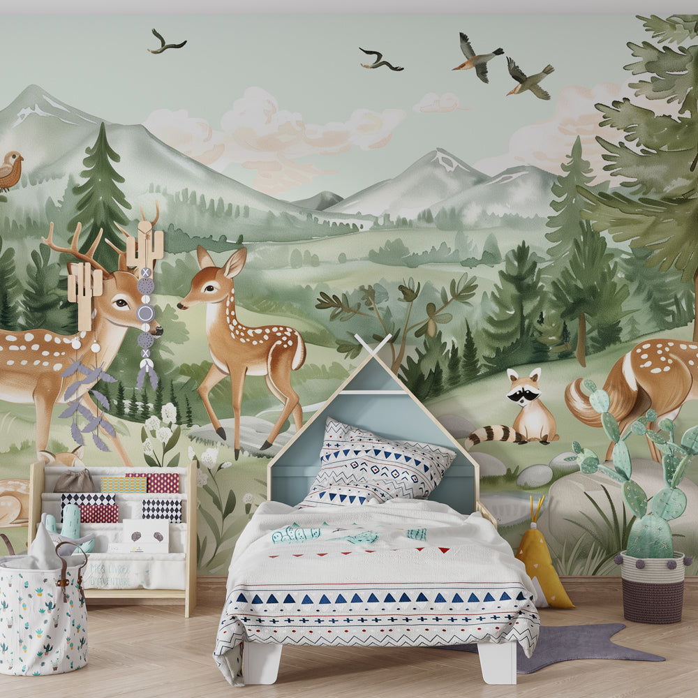 Kids-Mundo woodland deer and fox wall mural behind a bed in a calm kids bedroom