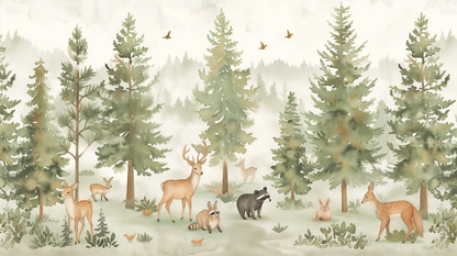 Kids-Mundo flat artwork print of the enchanted forest design with deer and raccoons.