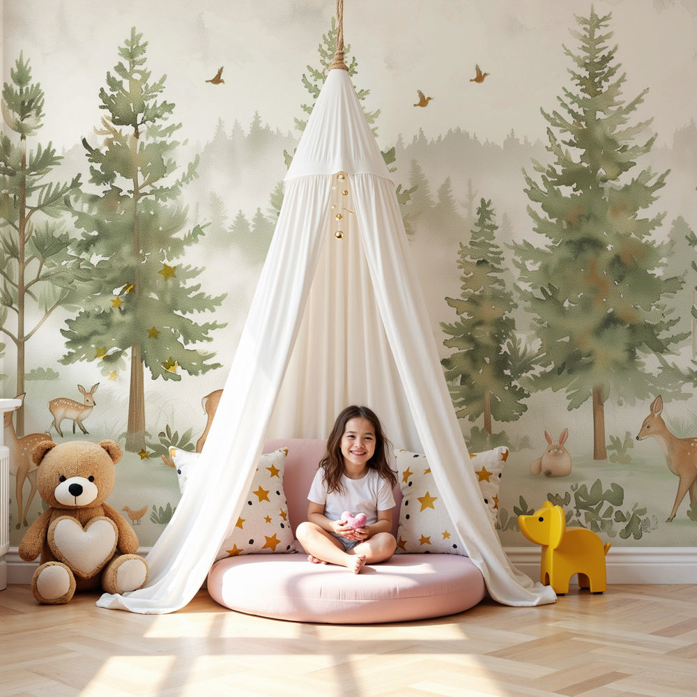Kids-Mundo enchanted forest wall mural with deer styled in a calm green nursery.