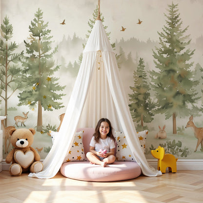 Kids-Mundo enchanted forest wall mural with deer styled in a calm green nursery.