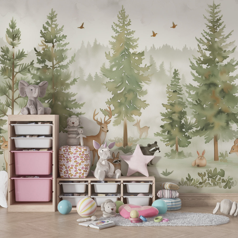 Kids-Mundo woodland wall mural bringing a peaceful forest scene to a playroom.