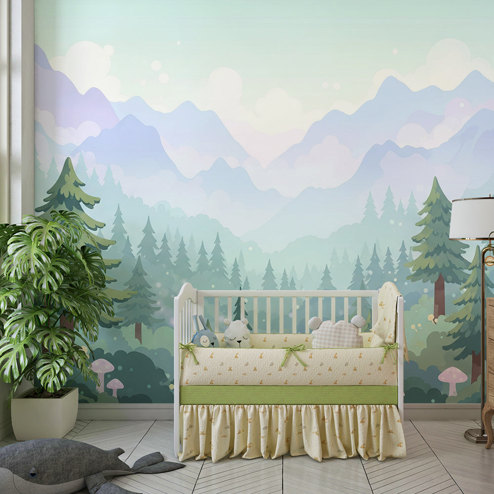 Kids-Mundo enchanted woodland wall mural bringing magic to a children's playroom.