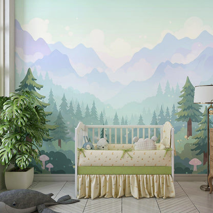 Kids-Mundo enchanted woodland wall mural bringing magic to a children's playroom.