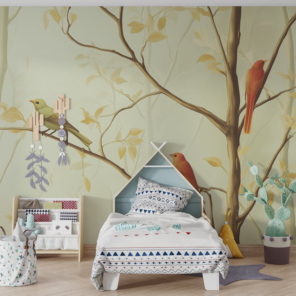 Woodland forest wallpaper creating magical kids bedroom decor with golden foliage